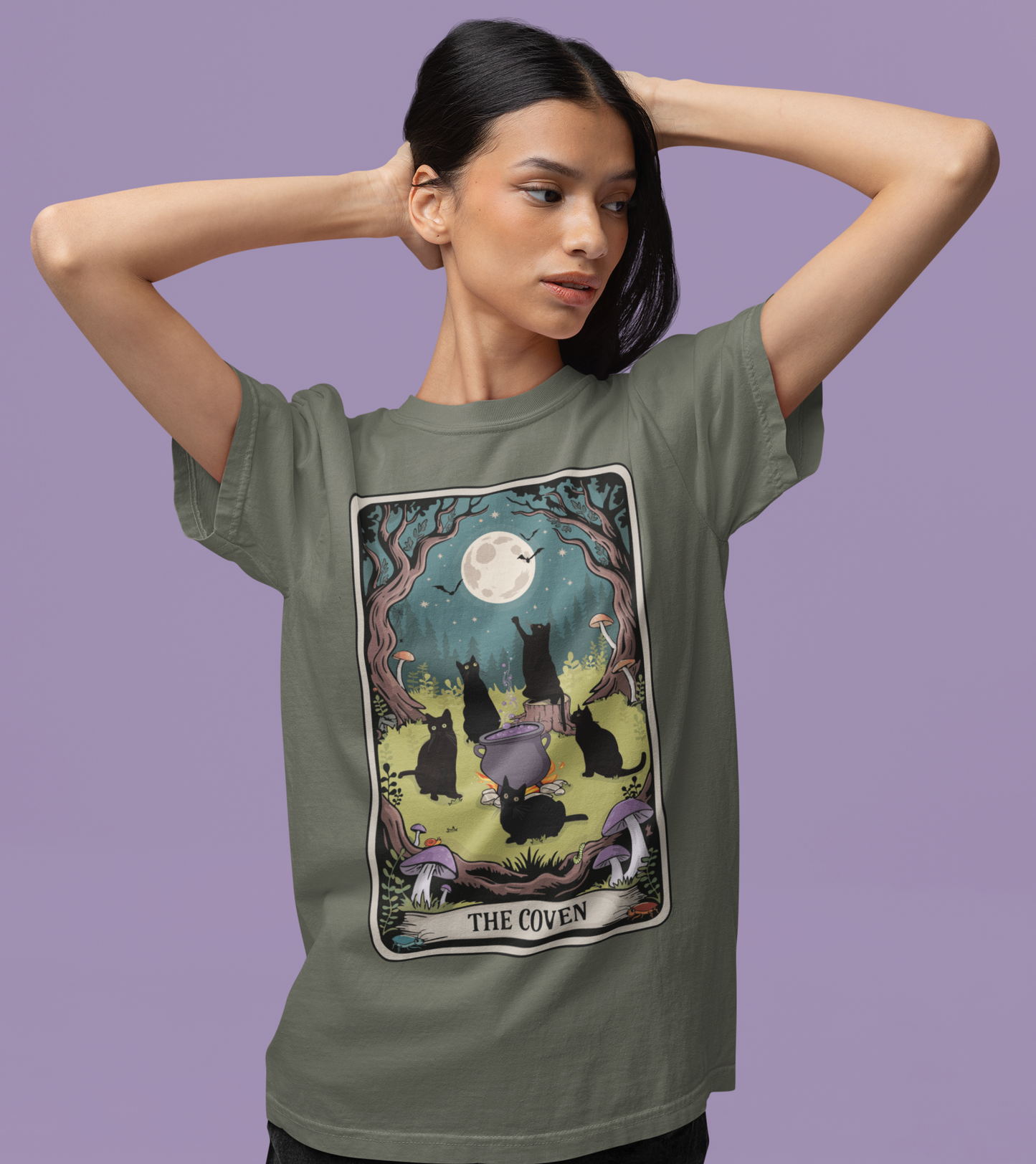 The Coven Tarot Black Cats T-shirt, Witchy Halloween Cat Tee, Full Moon Forest Cauldron Shirt, Wiccan Pagan Magic Top, Witch Gothic Apparel