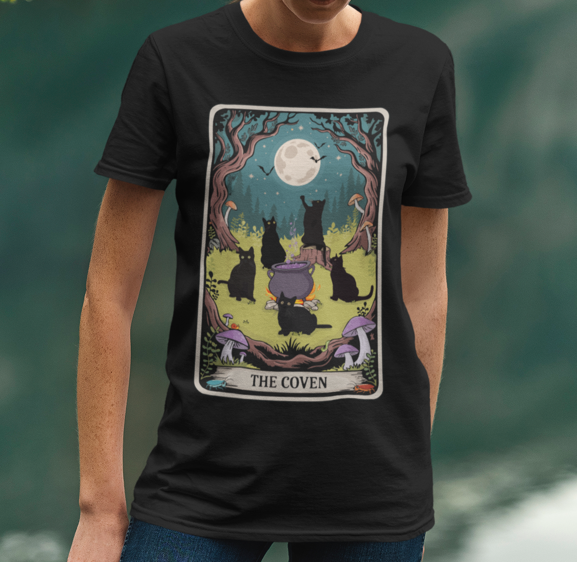 The Coven Tarot Black Cats T-shirt, Witchy Halloween Cat Tee, Full Moon Forest Cauldron Shirt, Wiccan Pagan Magic Top, Witch Gothic Apparel