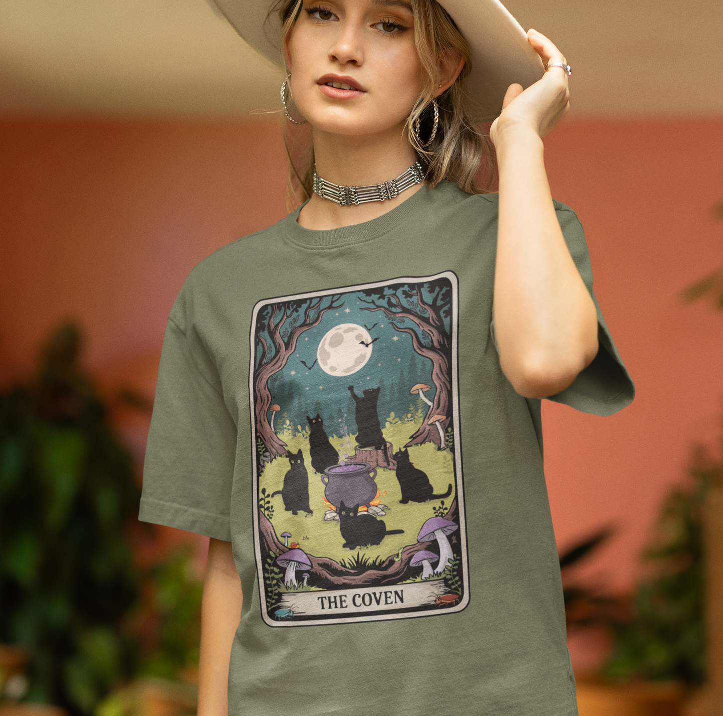 The Coven Tarot Black Cats T-shirt, Witchy Halloween Cat Tee, Full Moon Forest Cauldron Shirt, Wiccan Pagan Magic Top, Witch Gothic Apparel