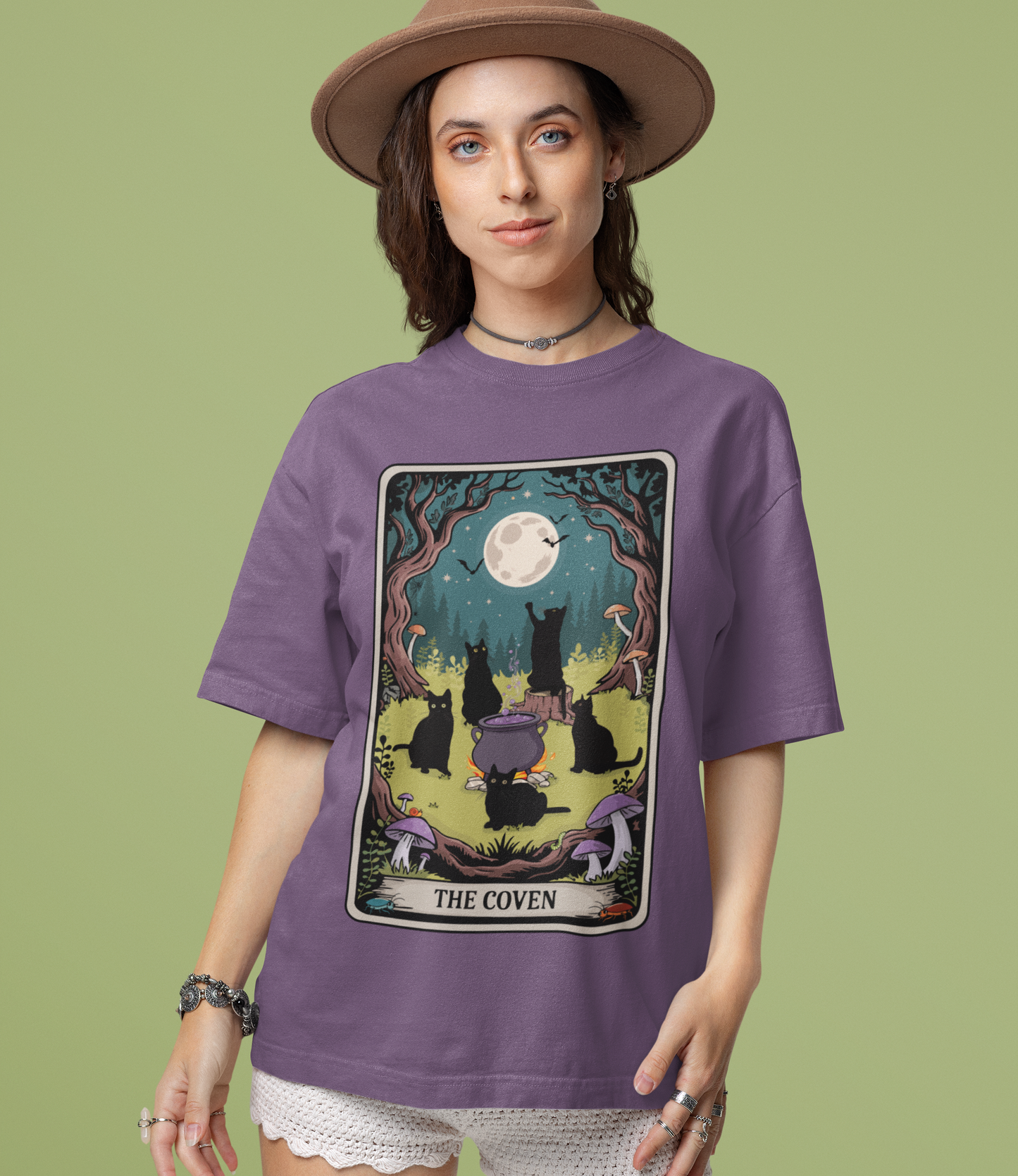 The Coven Tarot Black Cats T-shirt, Witchy Halloween Cat Tee, Full Moon Forest Cauldron Shirt, Wiccan Pagan Magic Top, Witch Gothic Apparel