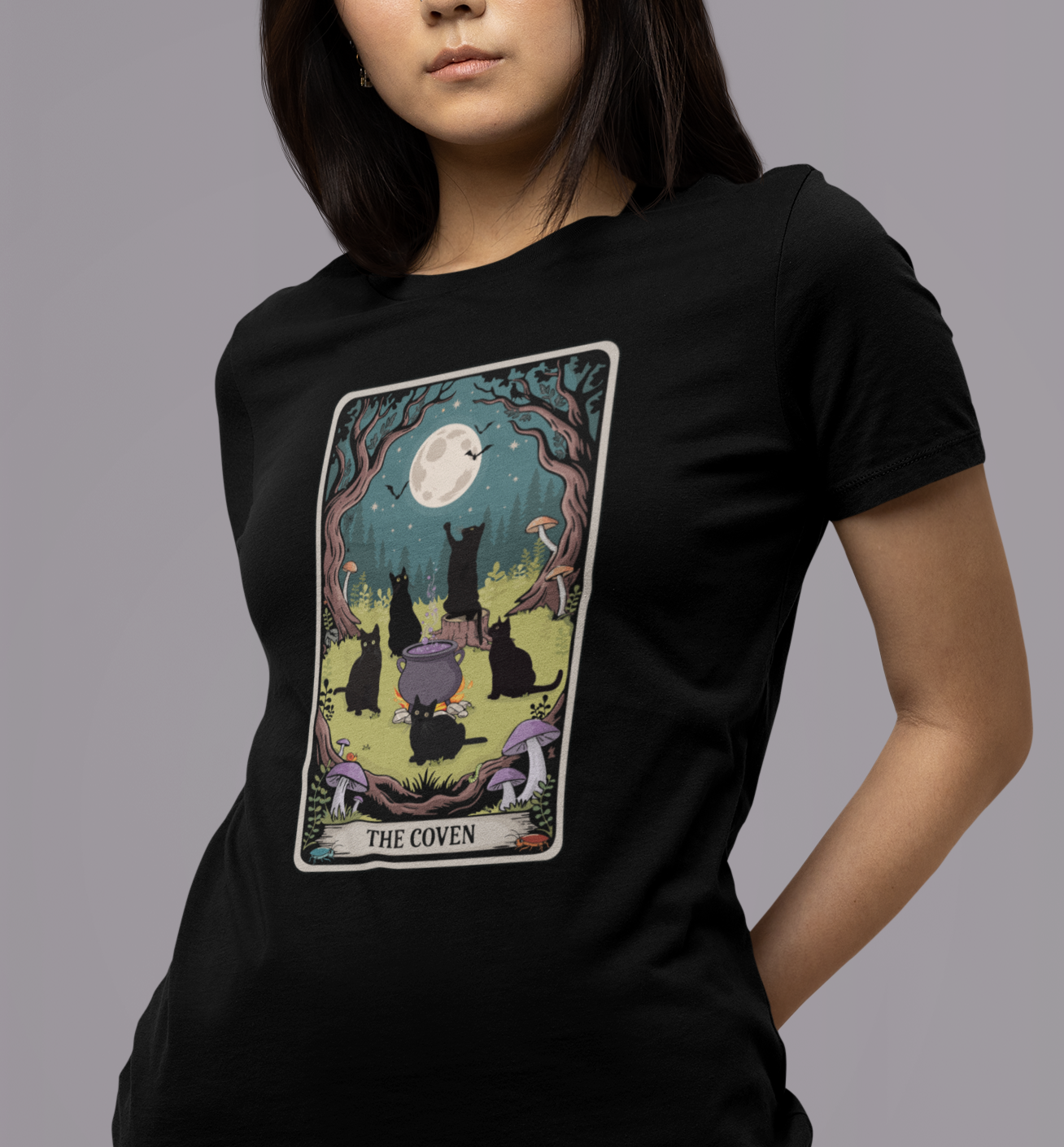 Tarot Cat Coven Women's Tee, Witchy Black Cats Shirt for Halloween, Spooky Gothic Vibes, Wiccan Clothing, Pagan Apparel
