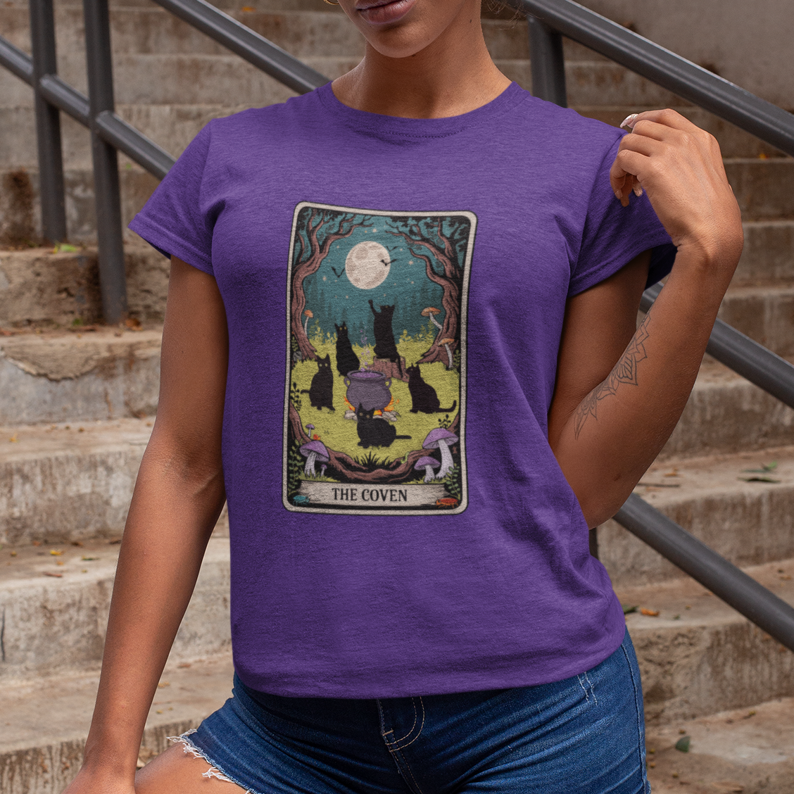 Tarot Cat Coven Women's Tee, Witchy Black Cats Shirt for Halloween, Spooky Gothic Vibes, Wiccan Clothing, Pagan Apparel
