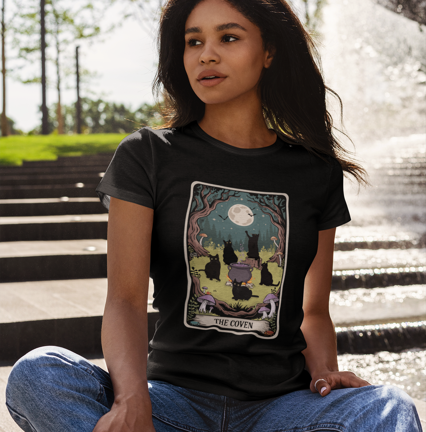 Tarot Cat Coven Women's Tee, Witchy Black Cats Shirt for Halloween, Spooky Gothic Vibes, Wiccan Clothing, Pagan Apparel