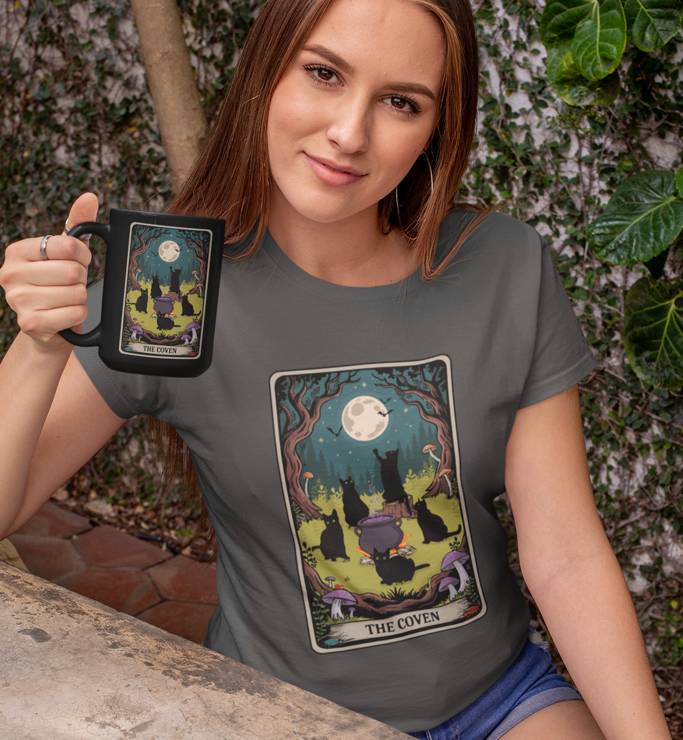 Tarot Cat Coven Women's Tee, Witchy Black Cats Shirt for Halloween, Spooky Gothic Vibes, Wiccan Clothing, Pagan Apparel