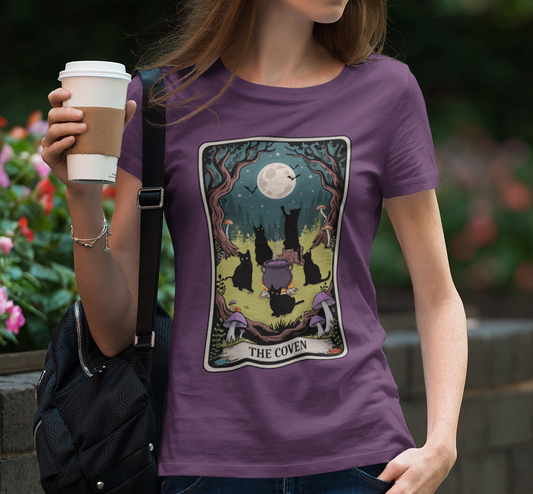 Tarot Cat Coven Women's Tee, Witchy Black Cats Shirt for Halloween, Spooky Gothic Vibes, Wiccan Clothing, Pagan Apparel