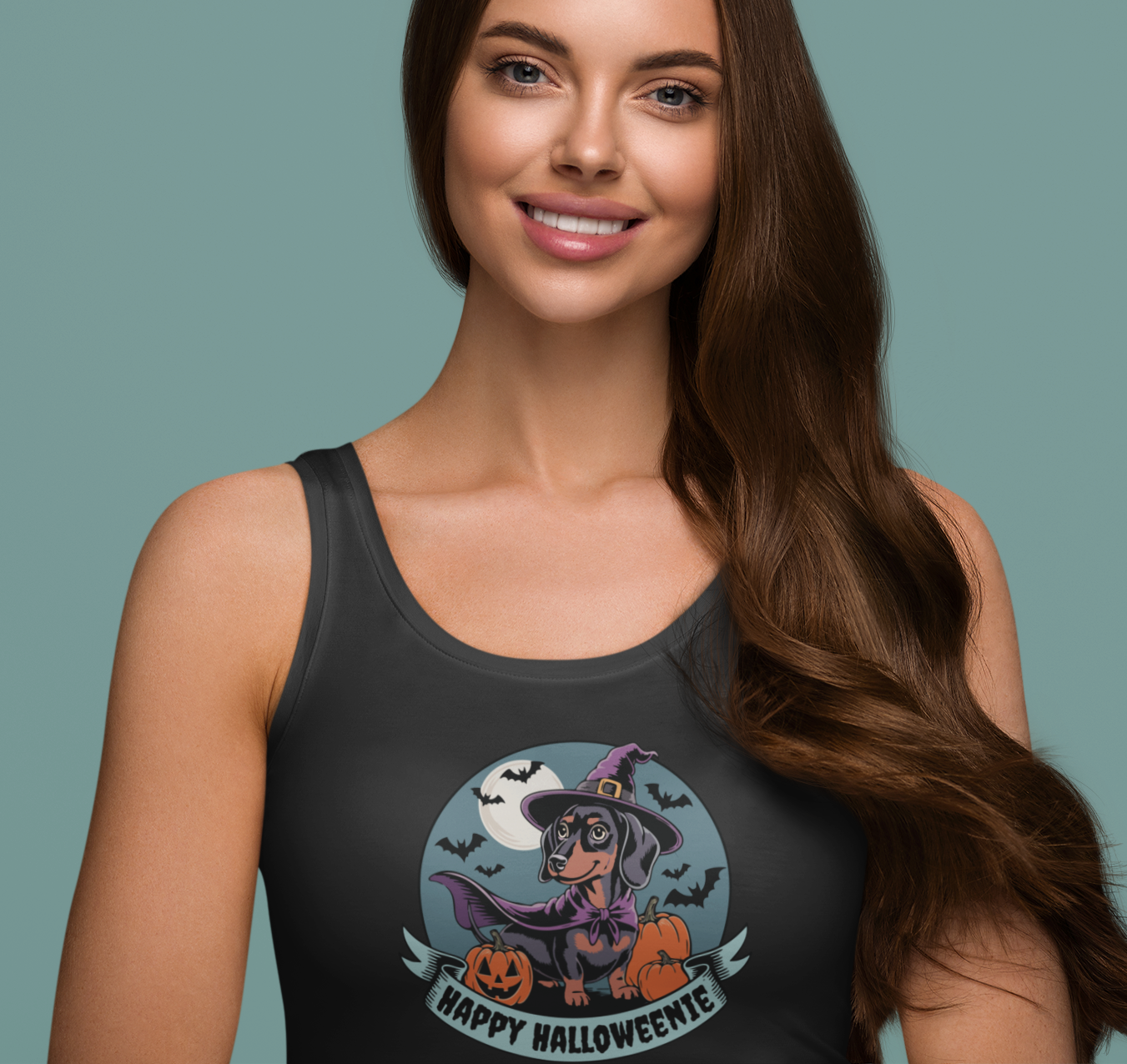 Halloween Dachshund Tank Top, Spooky Halloweenie Weiner Dog Shirt, Fun Witchy Sleeveless Shirt, Racerback Women's Tops