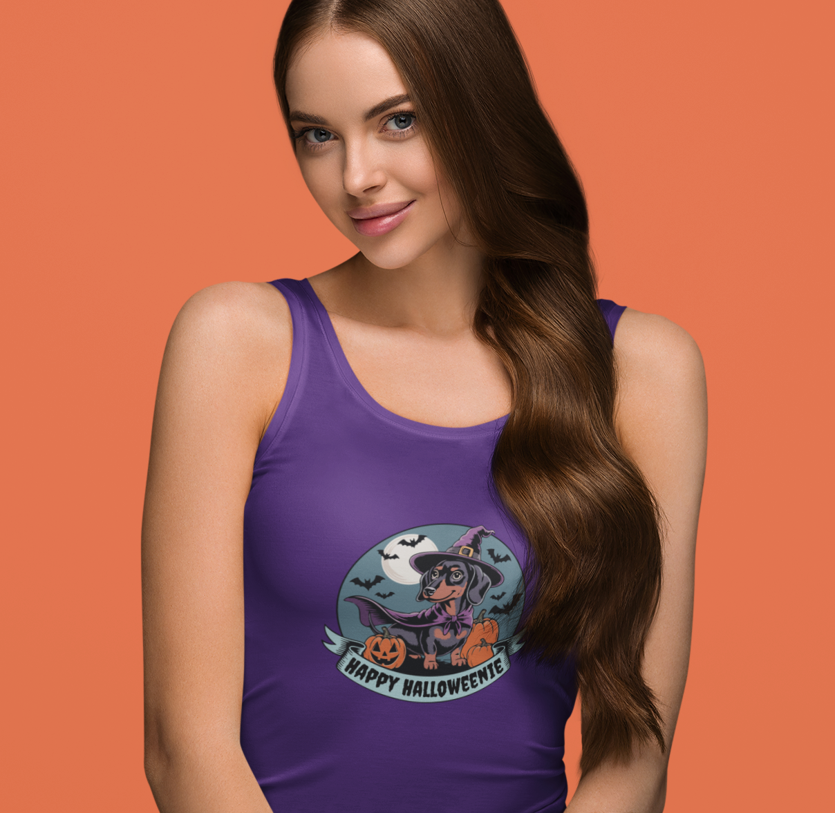 Halloween Dachshund Tank Top, Spooky Halloweenie Weiner Dog Shirt, Fun Witchy Sleeveless Shirt, Racerback Women's Tops