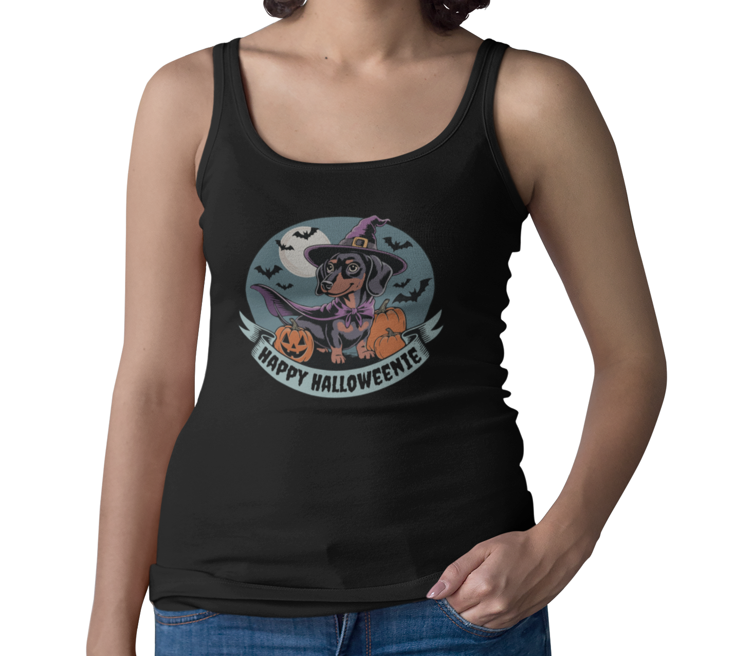 Halloween Dachshund Tank Top, Spooky Halloweenie Weiner Dog Shirt, Fun Witchy Sleeveless Shirt, Racerback Women's Tops
