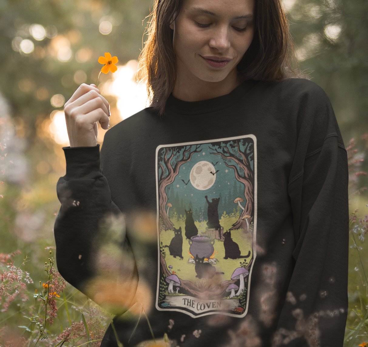 Tarot Card The Coven Witchy Black Cats Crewneck Sweatshirt, Magic Goth Halloween Top, Wicca Cat Lover Gift, Occult Witchcraft Sweatshirts
