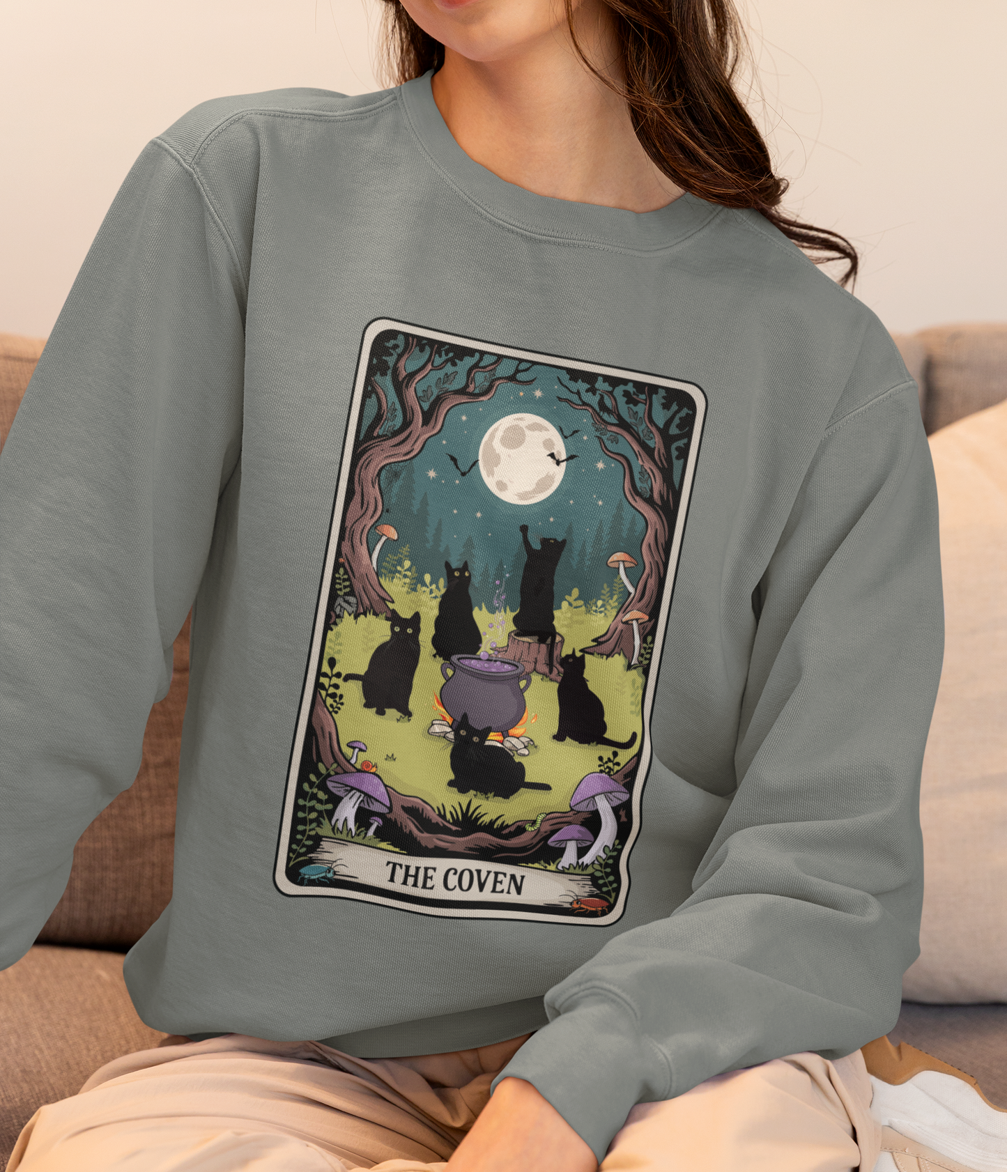 Tarot Card The Coven Witchy Black Cats Crewneck Sweatshirt, Magic Goth Halloween Top, Wicca Cat Lover Gift, Occult Witchcraft Sweatshirts