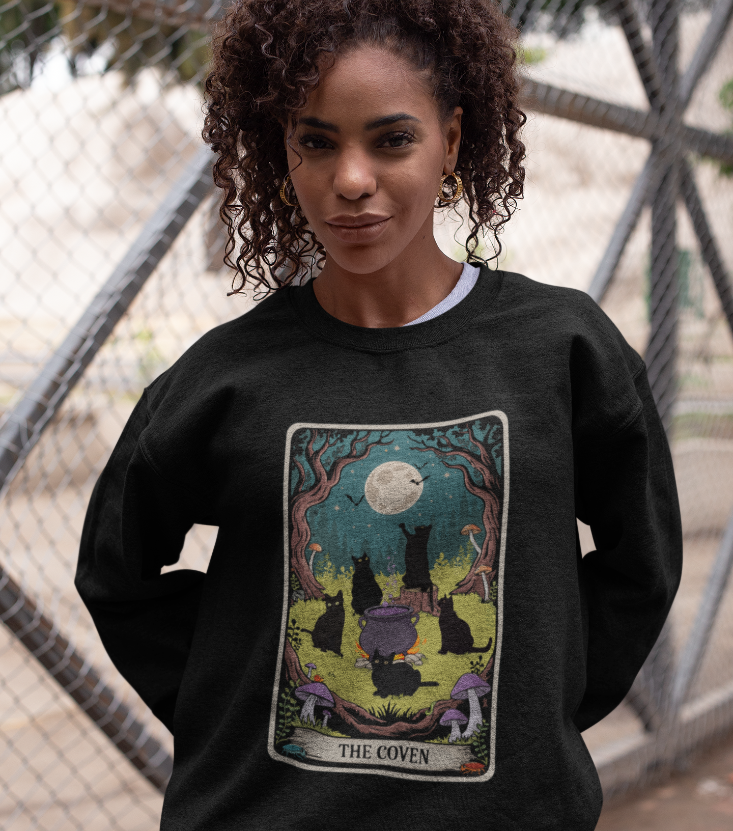 Tarot Card The Coven Witchy Black Cats Crewneck Sweatshirt, Magic Goth Halloween Top, Wicca Cat Lover Gift, Occult Witchcraft Sweatshirts