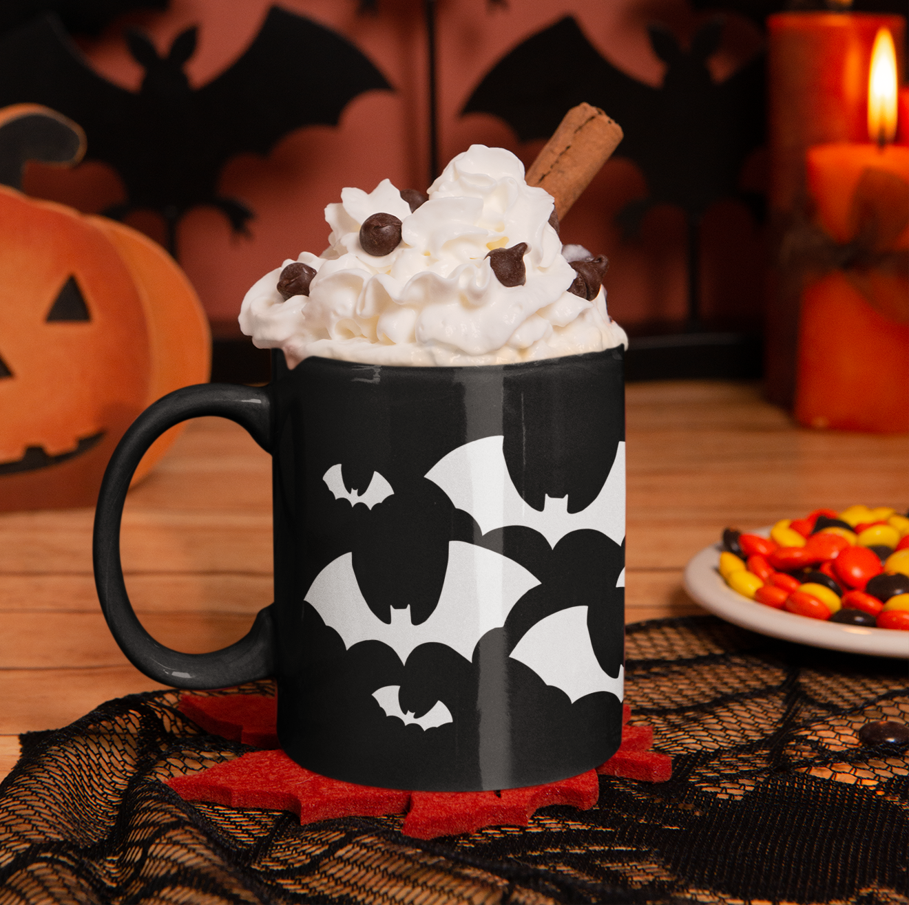 Bats Halloween Black Ceramic Coffee Mug 11oz with Spooky Flying Bat Gothic Goth Design Tea Mugs, Fall Gifts