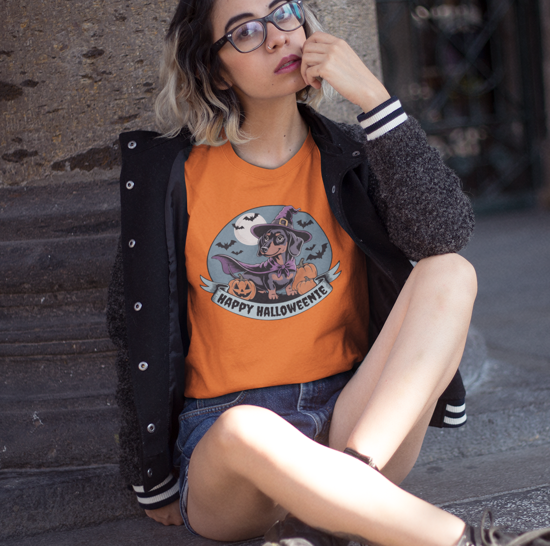 Spooky Dachshund Halloween T-shirt, Happy Halloweenie Unisex Tee, Witchy Weiner Long Dog, Pumpkins Bats, Fall Holiday Shirts