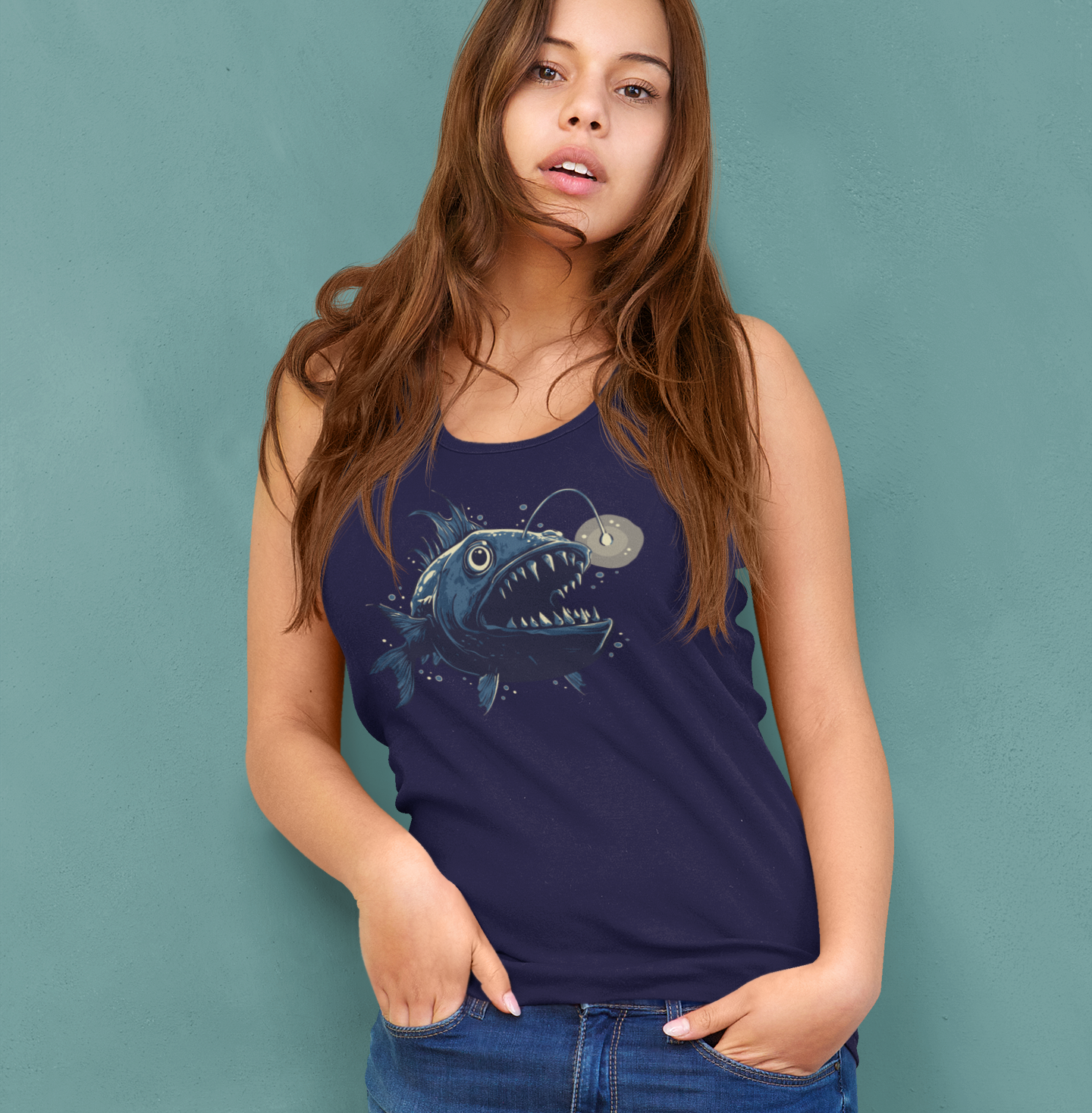 Deep Sea Anglerfish Womens Racerback Tank Top, Aquatic Ocean Life Angler Fish Bioluminescent Lure Ladies Sleeveless Shirt