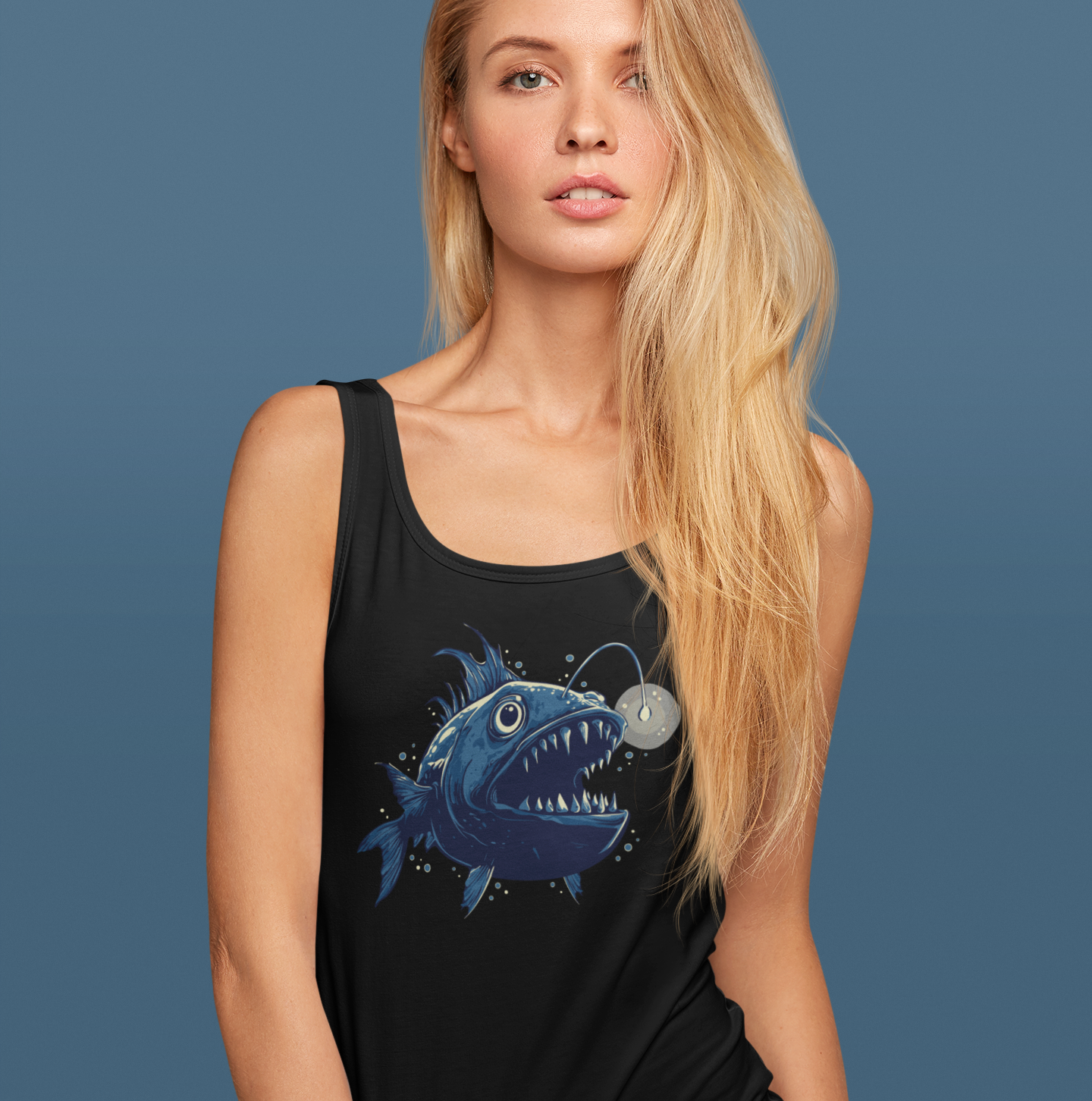 Deep Sea Anglerfish Womens Racerback Tank Top, Aquatic Ocean Life Angler Fish Bioluminescent Lure Ladies Sleeveless Shirt