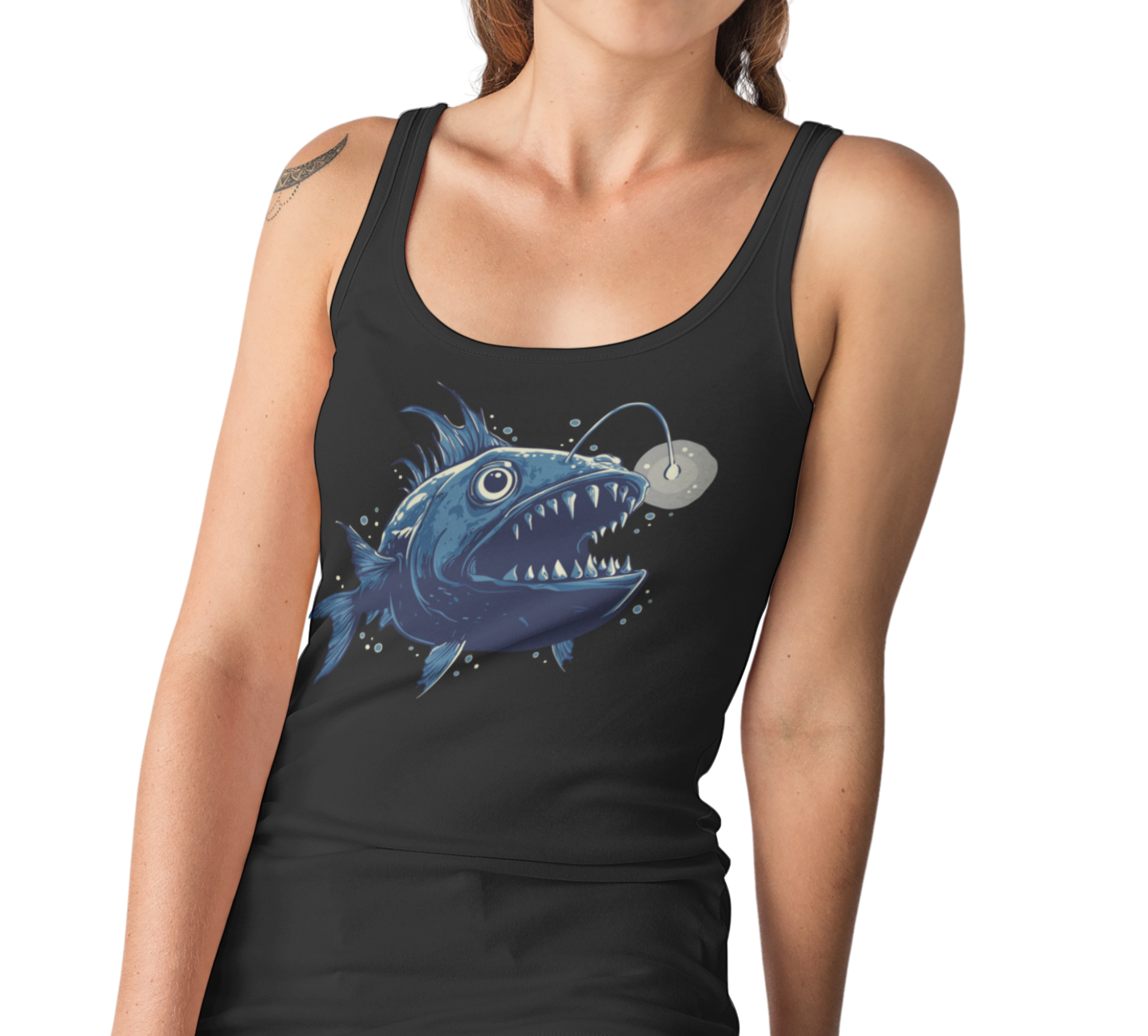 Deep Sea Anglerfish Womens Racerback Tank Top, Aquatic Ocean Life Angler Fish Bioluminescent Lure Ladies Sleeveless Shirt