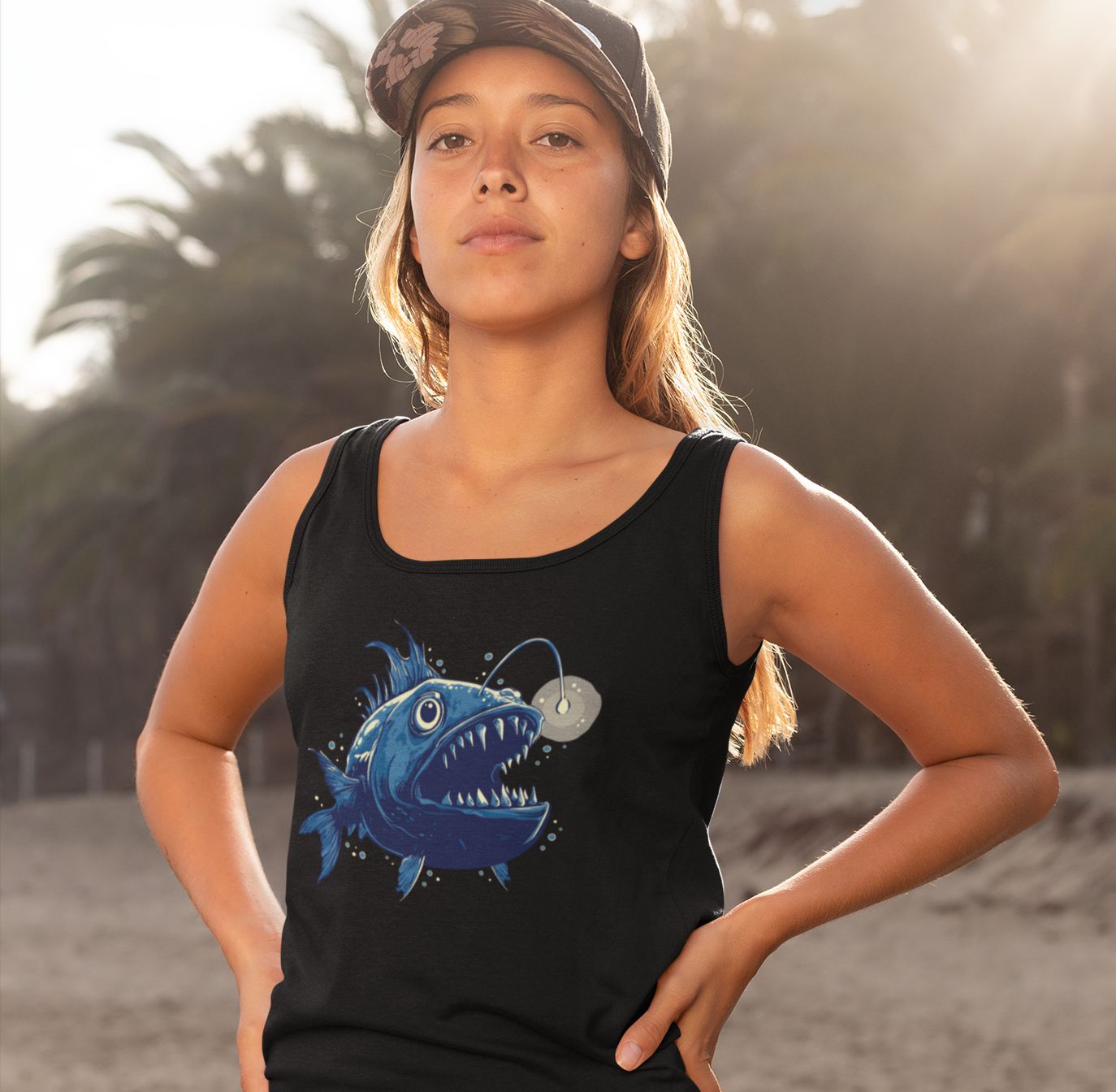 Deep Sea Anglerfish Womens Racerback Tank Top, Aquatic Ocean Life Angler Fish Bioluminescent Lure Ladies Sleeveless Shirt