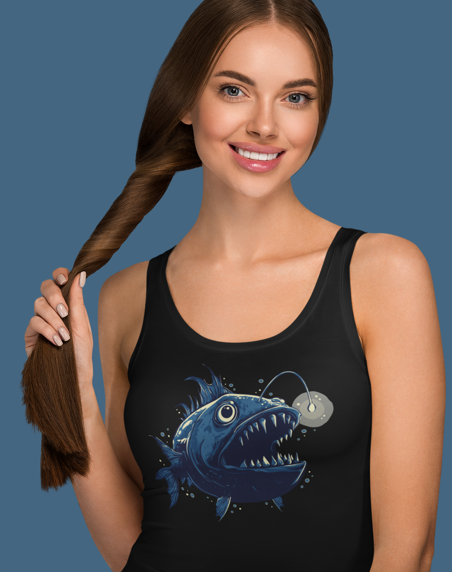 Deep Sea Anglerfish Womens Racerback Tank Top, Aquatic Ocean Life Angler Fish Bioluminescent Lure Ladies Sleeveless Shirt