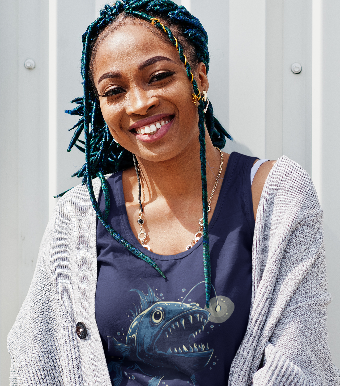 Deep Sea Anglerfish Womens Racerback Tank Top, Aquatic Ocean Life Angler Fish Bioluminescent Lure Ladies Sleeveless Shirt