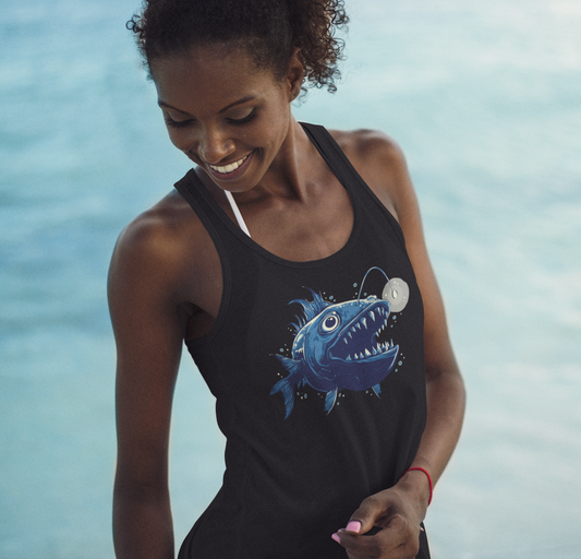 Deep Sea Anglerfish Womens Racerback Tank Top, Aquatic Ocean Life Angler Fish Bioluminescent Lure Ladies Sleeveless Shirt