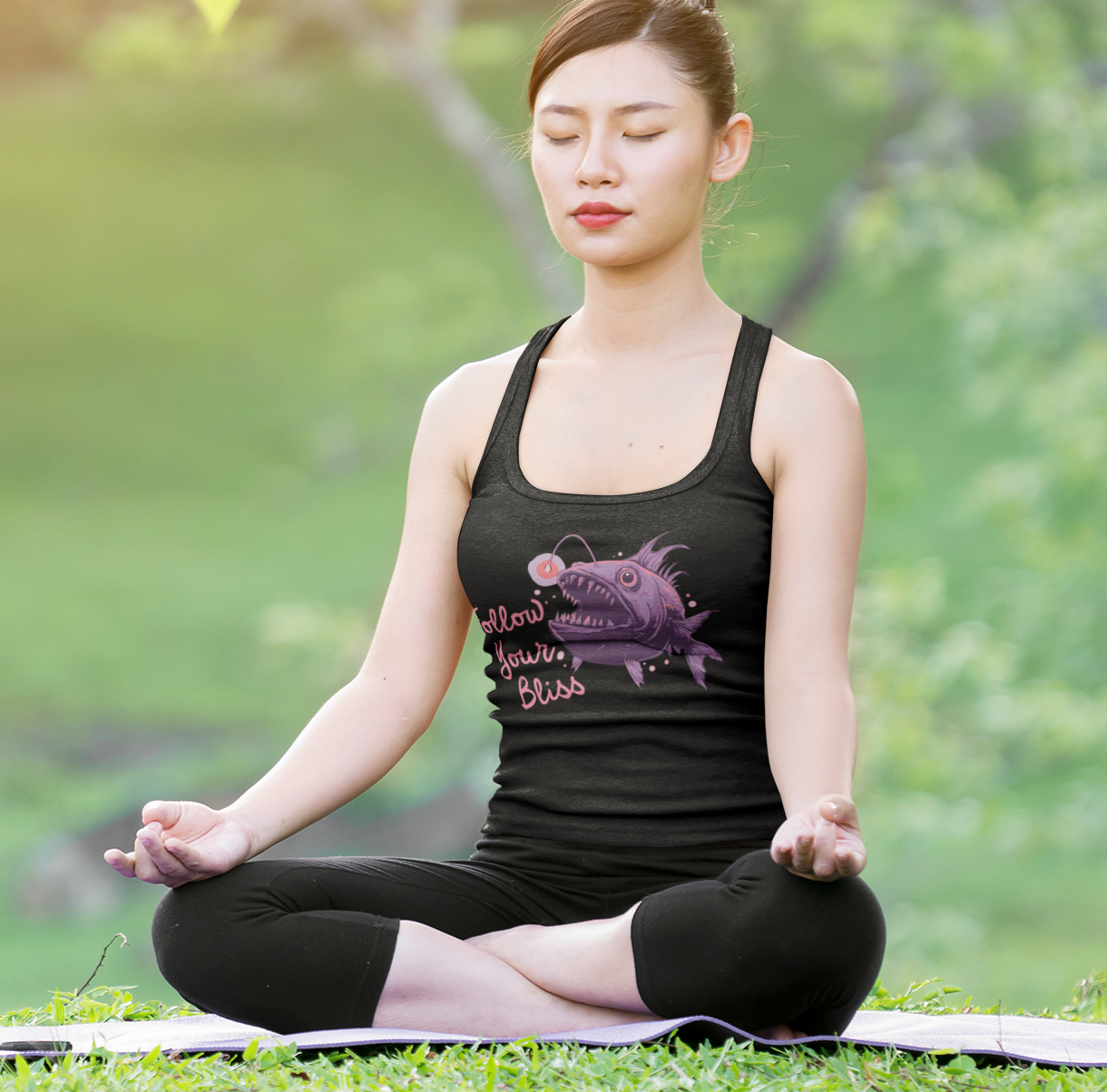 Follow Your Bliss Deep Sea Anglerfish Womens Racerback Tank Top, Angler Fish Lure Glow Graphic Sleeveless Shirt Ocean Aquatic Creatures