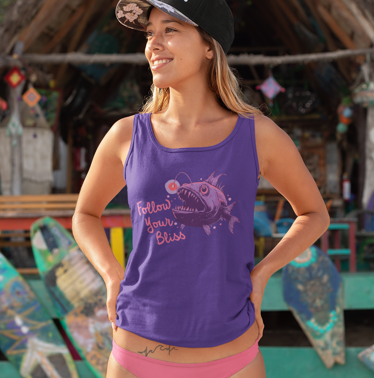Follow Your Bliss Deep Sea Anglerfish Womens Racerback Tank Top, Angler Fish Lure Glow Graphic Sleeveless Shirt Ocean Aquatic Creatures