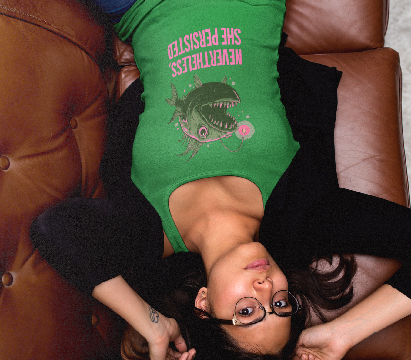 Deep Sea Anglerfish Nevertheless She Persisted Racerback Womens Tank Top, Angler Fish Lure Glow Graphic Sleeveless Shirt Ocean