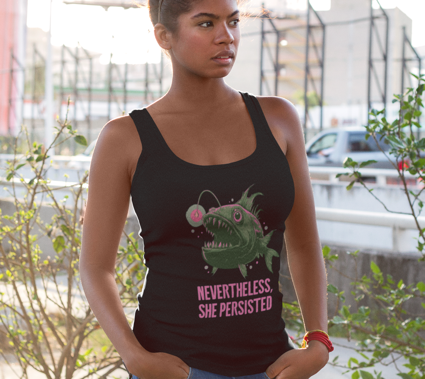 Deep Sea Anglerfish Nevertheless She Persisted Racerback Womens Tank Top, Angler Fish Lure Glow Graphic Sleeveless Shirt Ocean