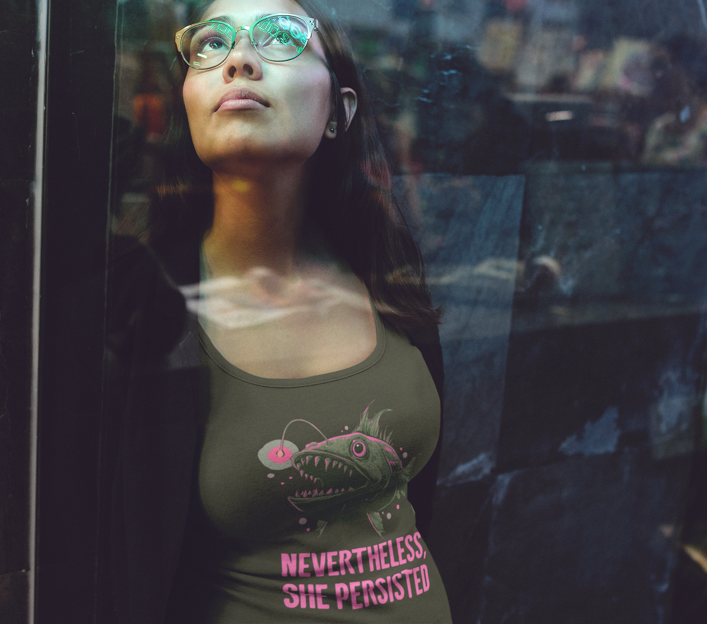 Deep Sea Anglerfish Nevertheless She Persisted Racerback Womens Tank Top, Angler Fish Lure Glow Graphic Sleeveless Shirt Ocean