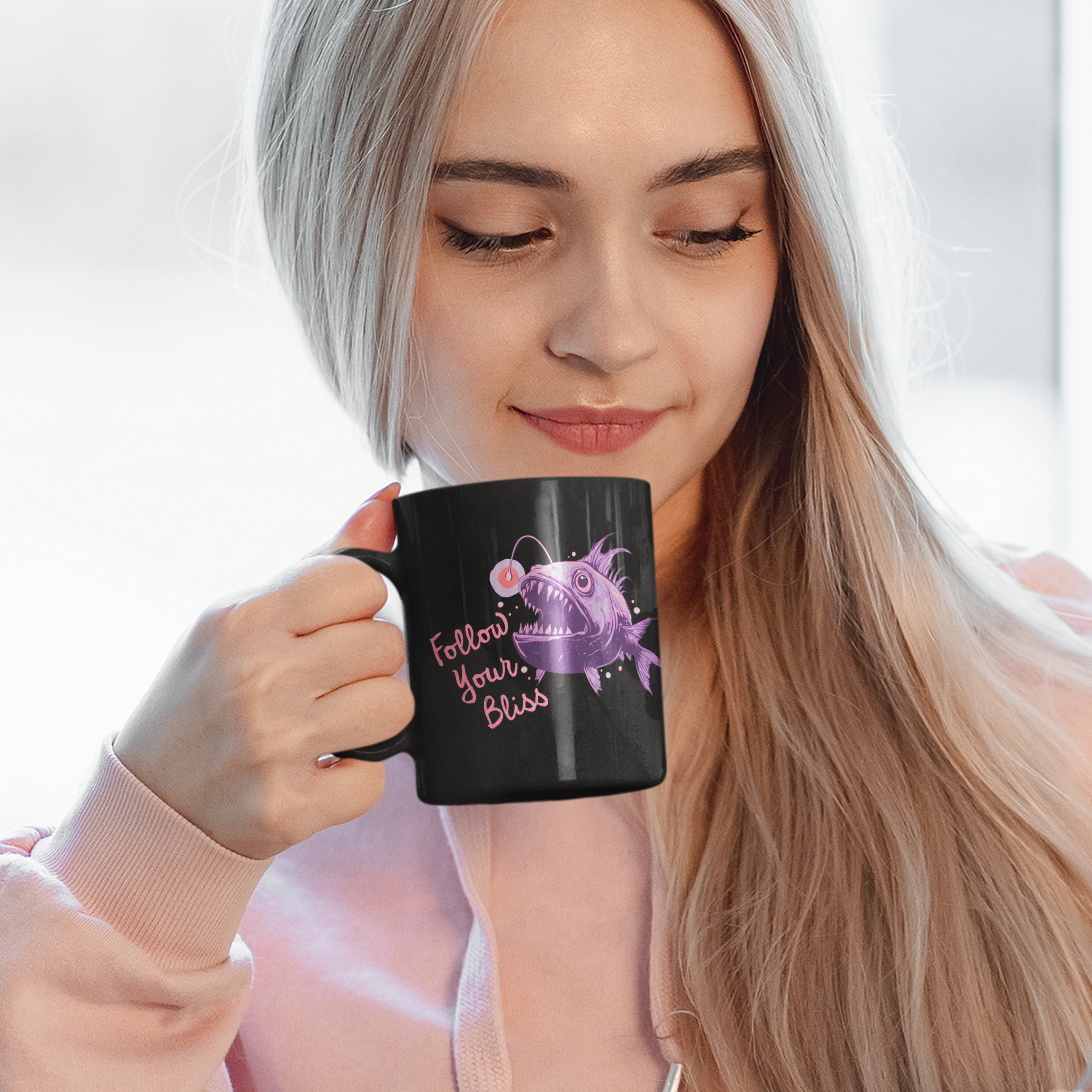 Follow Your Bliss Deep Sea Anglerfish Ceramic Coffee Mug Self Care Funny Angler Fish Glow Lure Inspirational Mugs