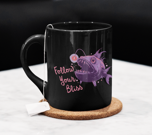 Follow Your Bliss Deep Sea Anglerfish Ceramic Coffee Mug Self Care Funny Angler Fish Glow Lure Inspirational Mugs