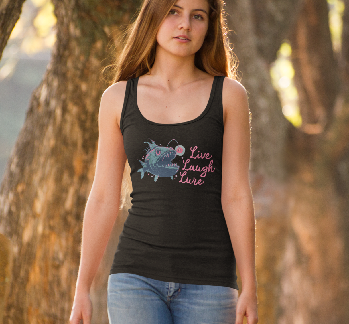 Live Laugh Lure Deep Sea Anglerfish Womens Racerback Tank Top, Angler Fish Lure Glow Graphic Sleeveless Shirt Ocean Aquatic Creatures