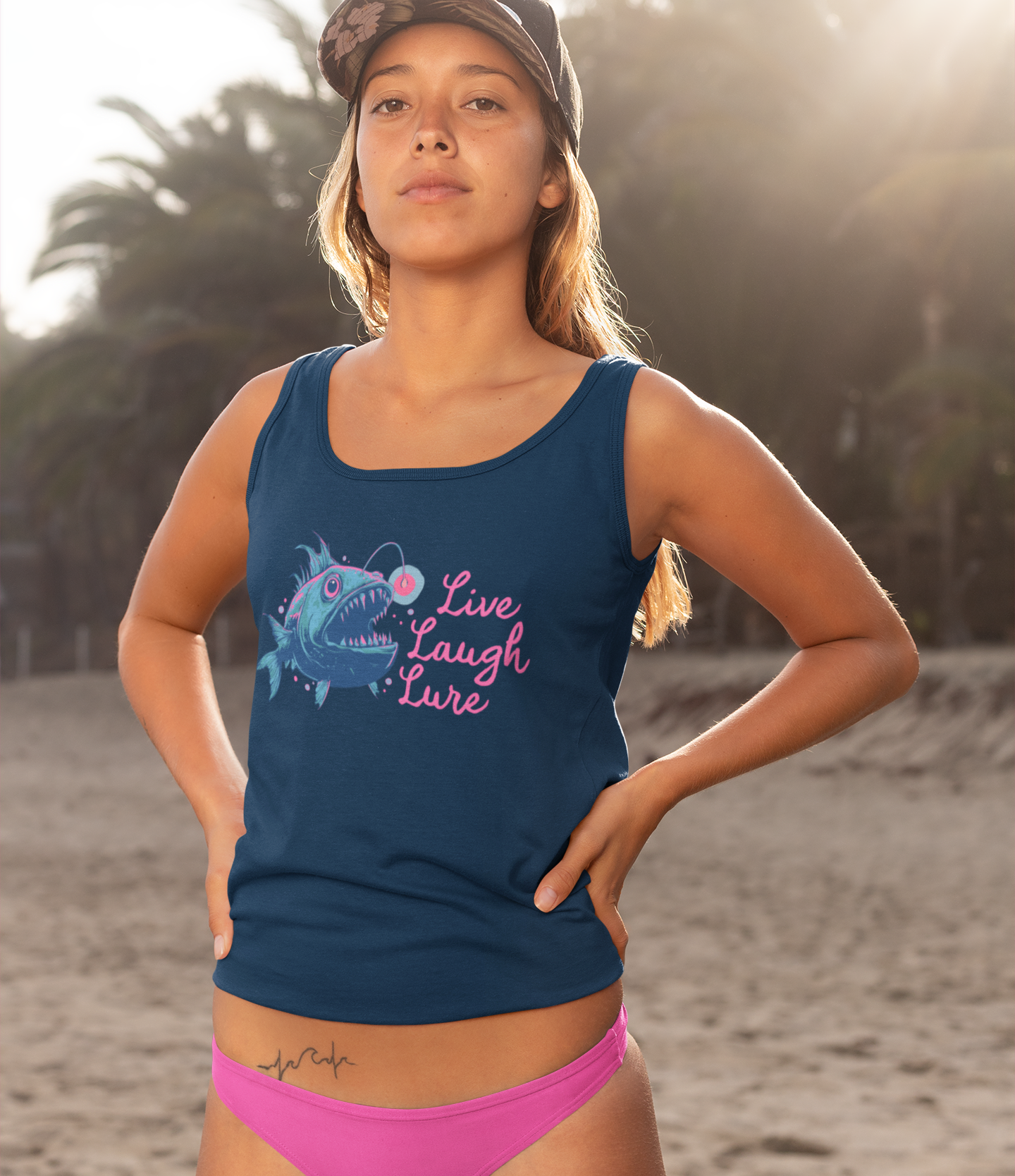Live Laugh Lure Deep Sea Anglerfish Womens Racerback Tank Top, Angler Fish Lure Glow Graphic Sleeveless Shirt Ocean Aquatic Creatures