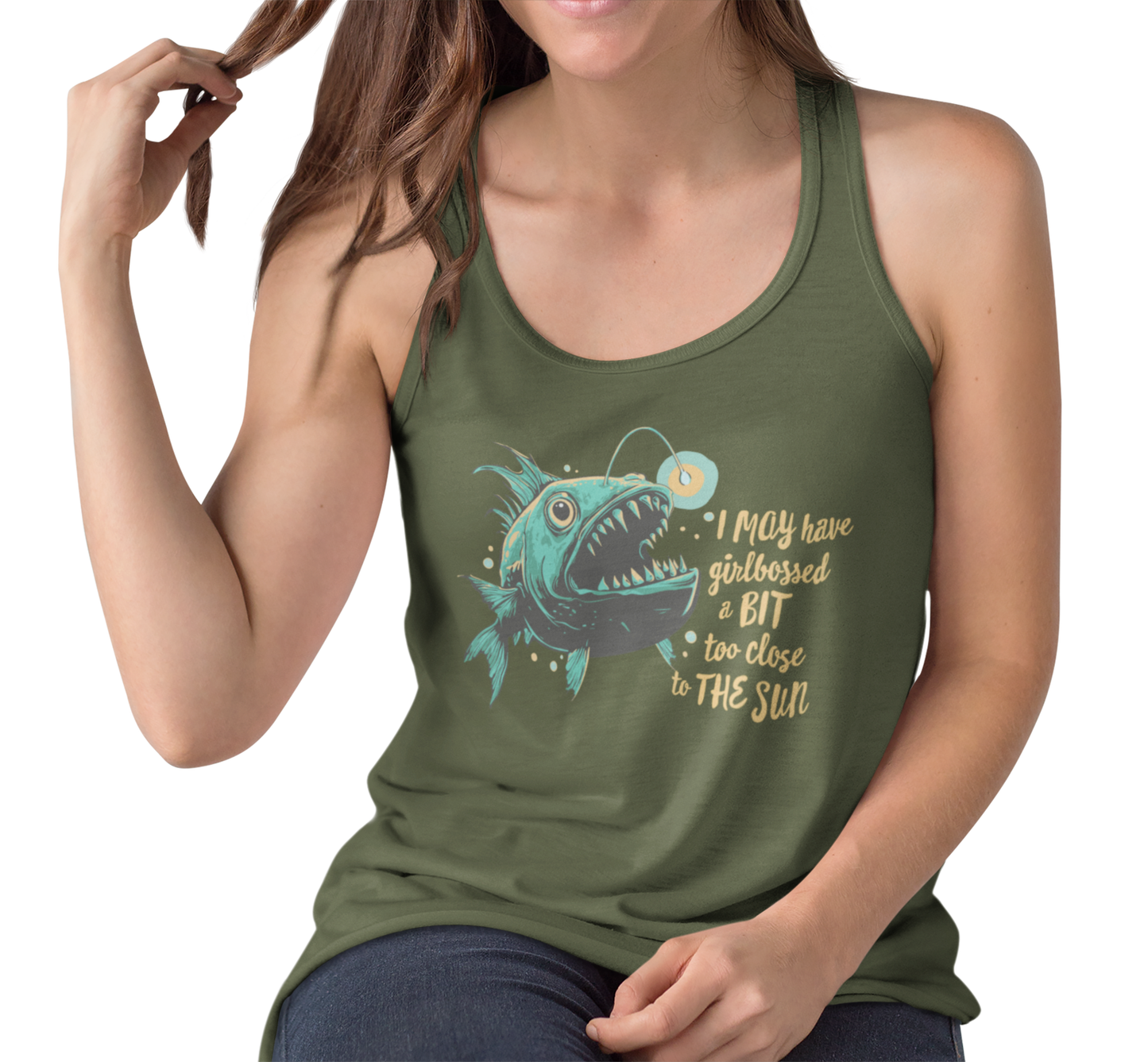 Deep Sea Anglerfish Girlbossed Too Close To The Sun Racerback Tank Top, Angler Fish Lure Glow Graphic Sleeveless Shirt Ocean Creatures