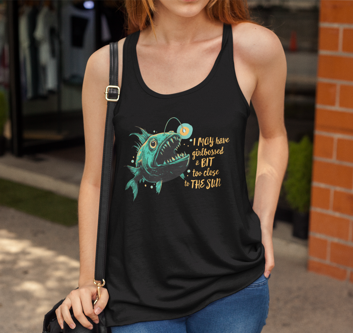 Deep Sea Anglerfish Girlbossed Too Close To The Sun Racerback Tank Top, Angler Fish Lure Glow Graphic Sleeveless Shirt Ocean Creatures
