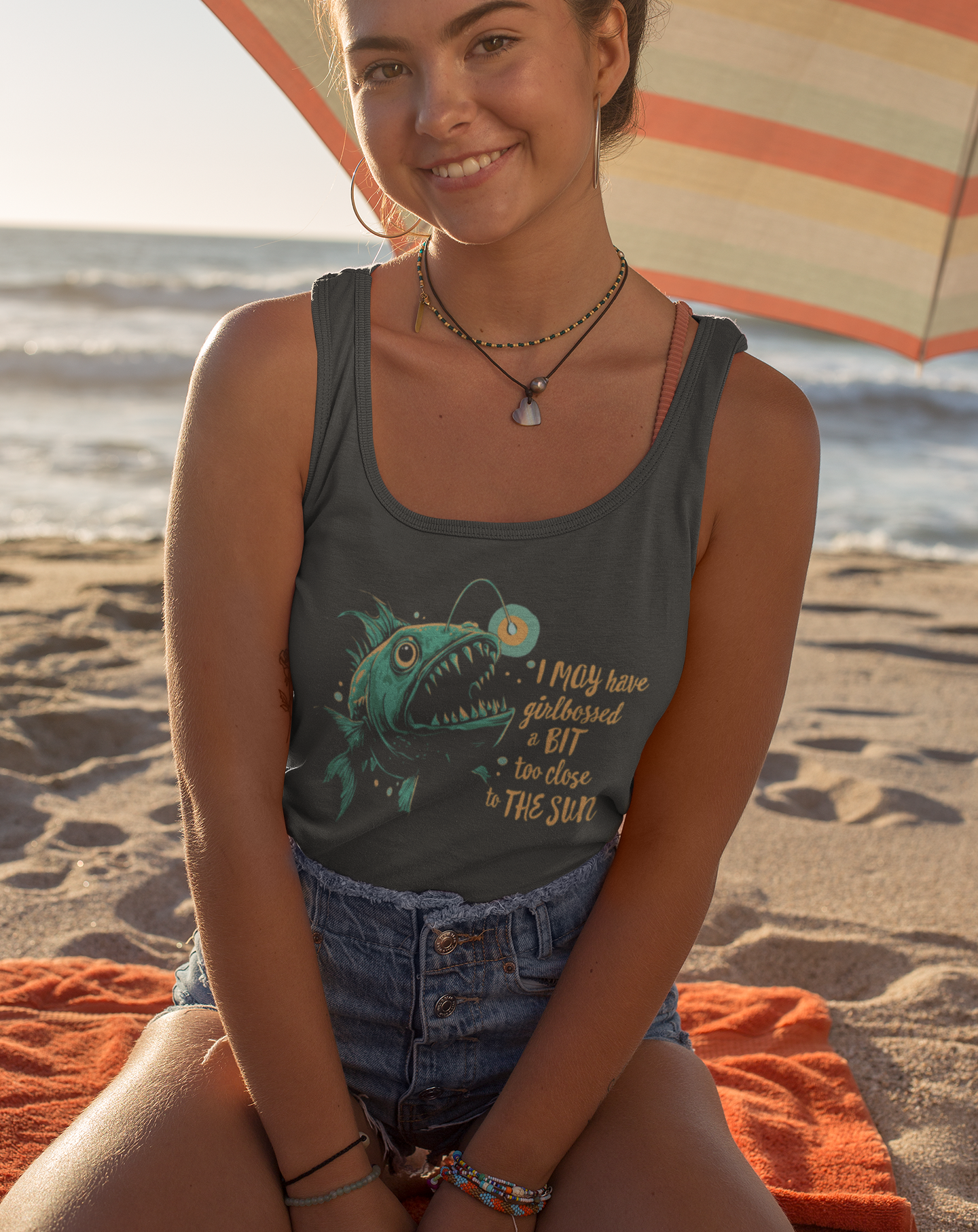 Deep Sea Anglerfish Girlbossed Too Close To The Sun Racerback Tank Top, Angler Fish Lure Glow Graphic Sleeveless Shirt Ocean Creatures