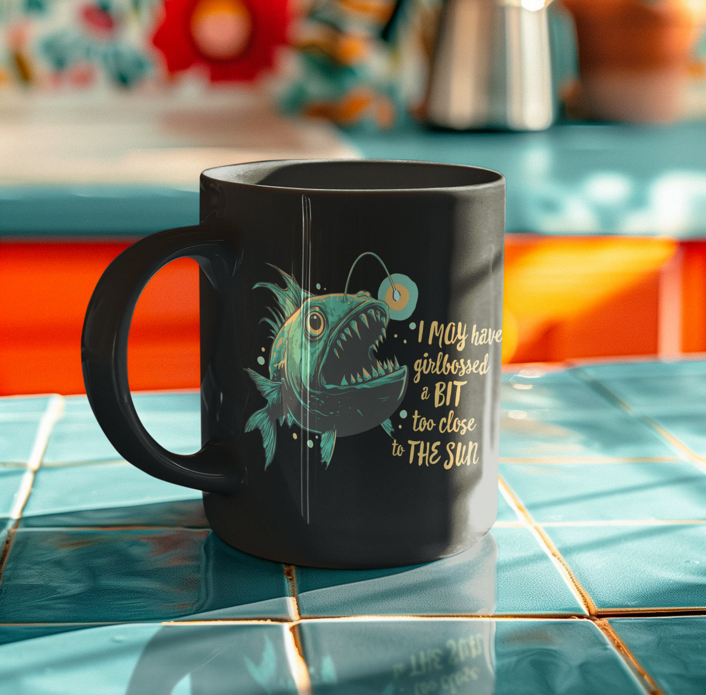 Deep Sea Anglerfish Girlbossed Too Close To The Sun Ceramic Coffee Mug Self Care Funny Angler Fish Glow Lure Inspirational Mugs