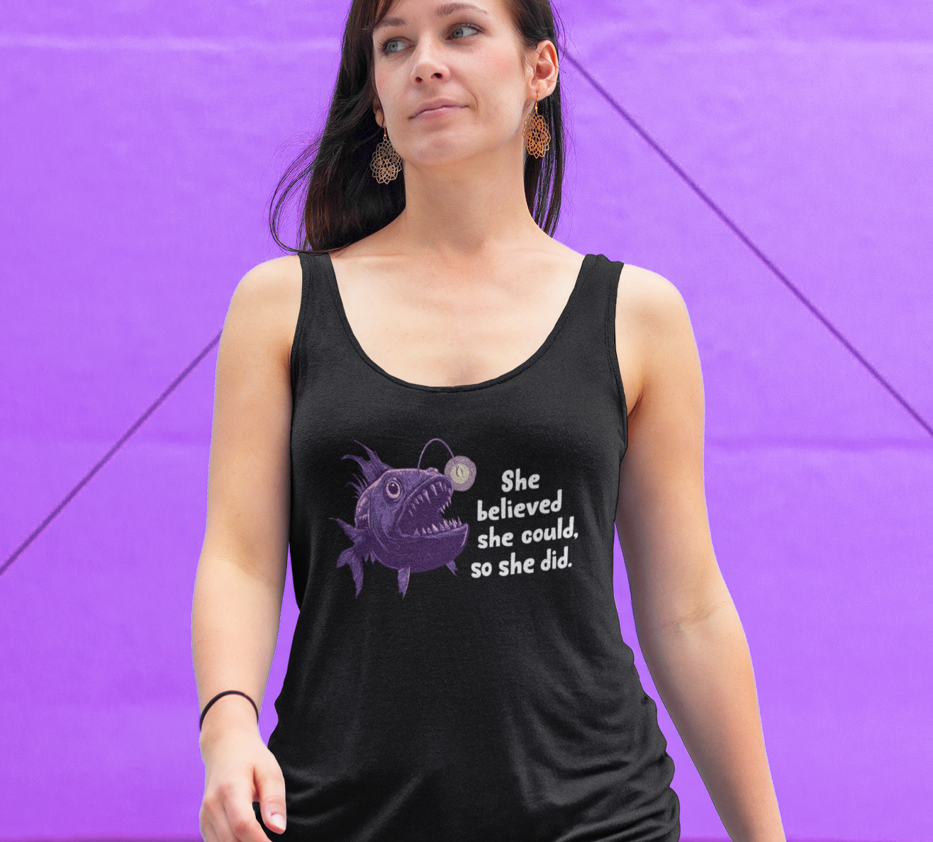 Deep Sea Anglerfish Racerback Tank Top - "She Believed She Could, So She Did" - Feminist Statement Sleeveless Shirt, Women Empowerment