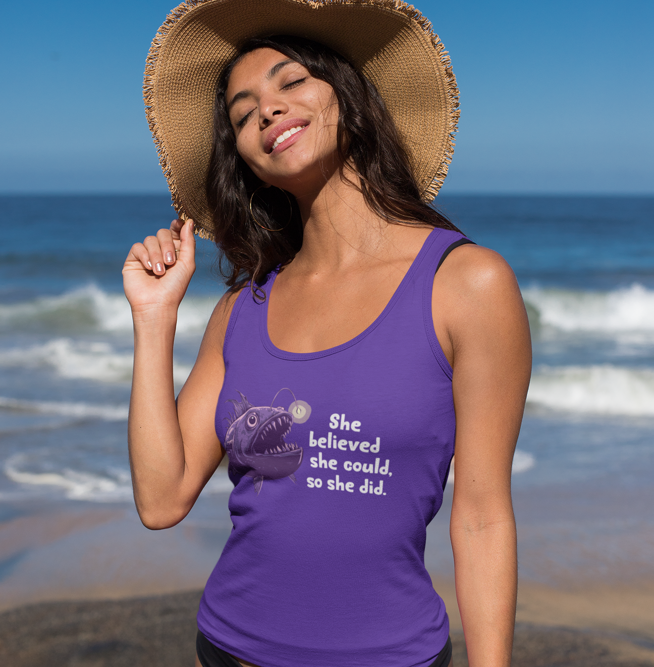 Deep Sea Anglerfish Racerback Tank Top - "She Believed She Could, So She Did" - Feminist Statement Sleeveless Shirt, Women Empowerment