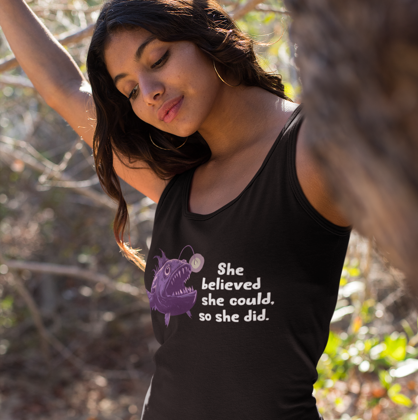 Deep Sea Anglerfish Racerback Tank Top - "She Believed She Could, So She Did" - Feminist Statement Sleeveless Shirt, Women Empowerment