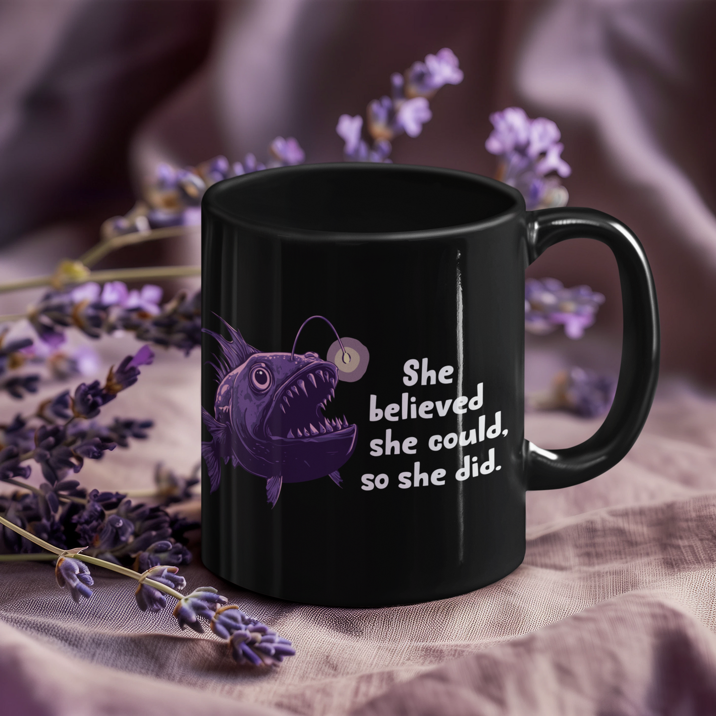 Deep Sea Anglerfish She Believed She Could Ceramic Coffee Mug Self Care Funny Angler Fish Glow Lure Inspirational Mugs