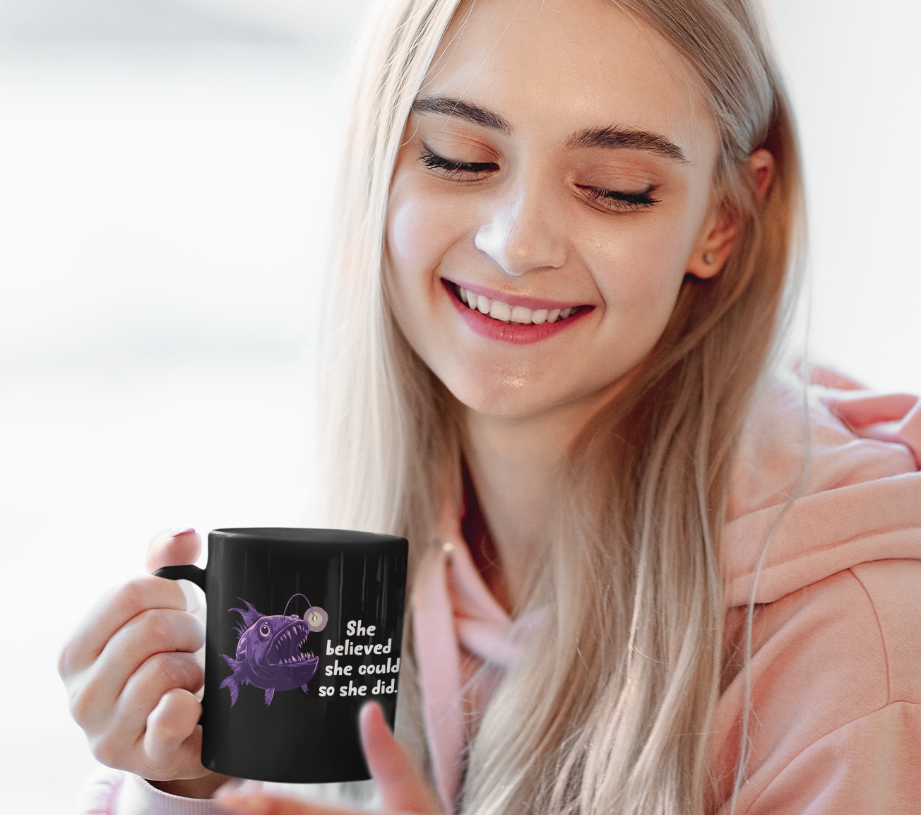 Deep Sea Anglerfish She Believed She Could Ceramic Coffee Mug Self Care Funny Angler Fish Glow Lure Inspirational Mugs
