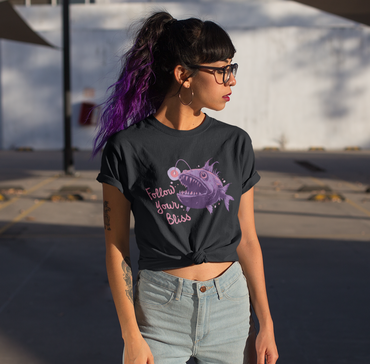 Follow Your Bliss Deep Sea Anglerfish T-shirt, Angler Fish Lure Glow Graphic Tee Ocean Aquatic Creatures