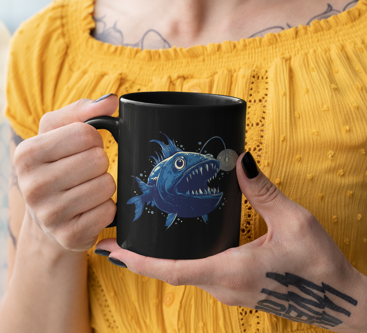 Deep Sea Anglerfish Coffee Mug Ocean Life Angler Fish Bioluminescent Lure Ceramic Mugs - Nautical Ocean Animals Gifts