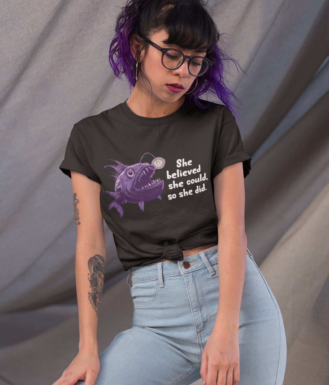 Deep Sea Anglerfish T-shirt - "She Believed She Could, So She Did" - Feminist Statement Tee, Gift for Women Empowerment