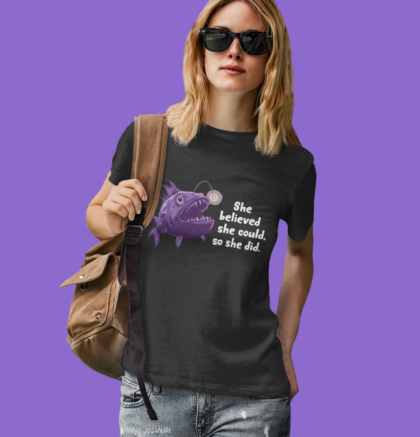 Deep Sea Anglerfish T-shirt - "She Believed She Could, So She Did" - Feminist Statement Tee, Gift for Women Empowerment
