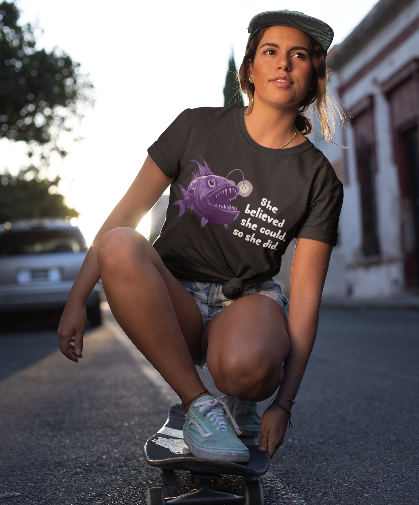 Deep Sea Anglerfish T-shirt - "She Believed She Could, So She Did" - Feminist Statement Tee, Gift for Women Empowerment