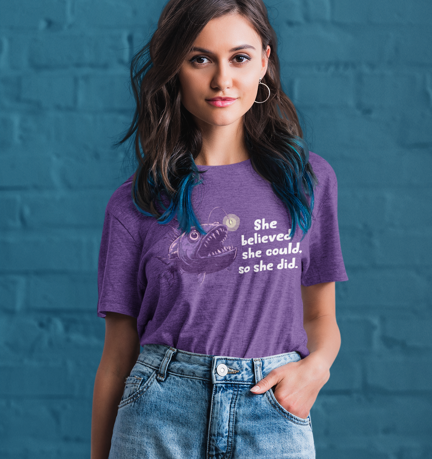 Deep Sea Anglerfish T-shirt - "She Believed She Could, So She Did" - Feminist Statement Tee, Gift for Women Empowerment