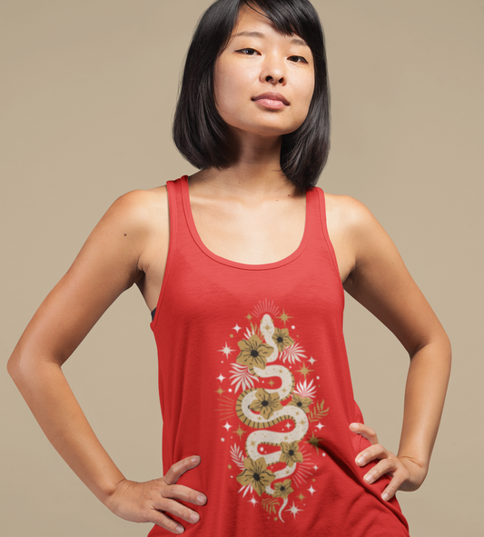 Mystic Golden Snake Women's Racerback Boho Tank Top, Bohemian Style, Festival Clothing, Yoga Top, Gift for Her, Summer Fashion