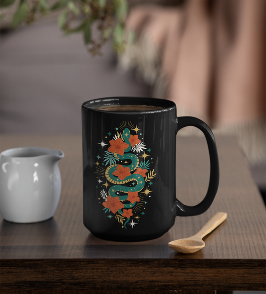 Mystic Jade Snake Black Mug, Boho 15oz Ceramic Coffee Cup, Unique Serpent Design, Gift for Coffee Lovers, Halloween, Occult Mugs
